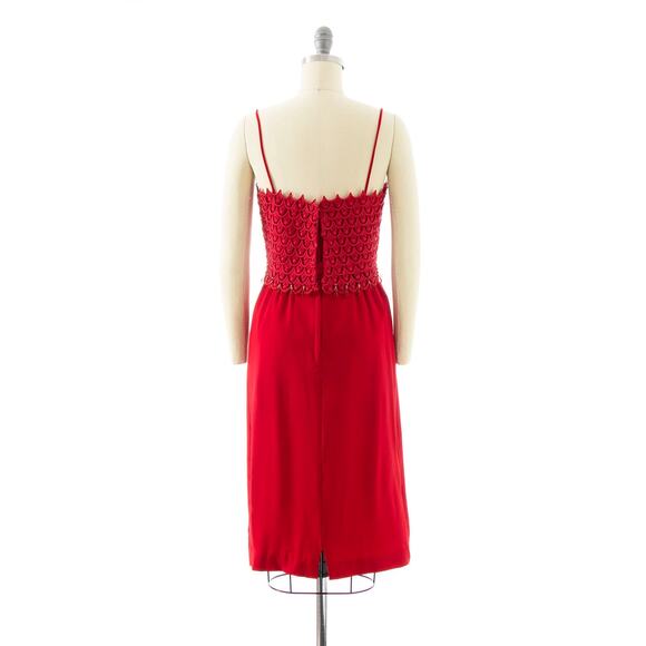 Vintage 1960s Cocktail Dress 60s Beaded Rhinestone Lace Red Sheath Wiggle Party - Picture 4 of 10